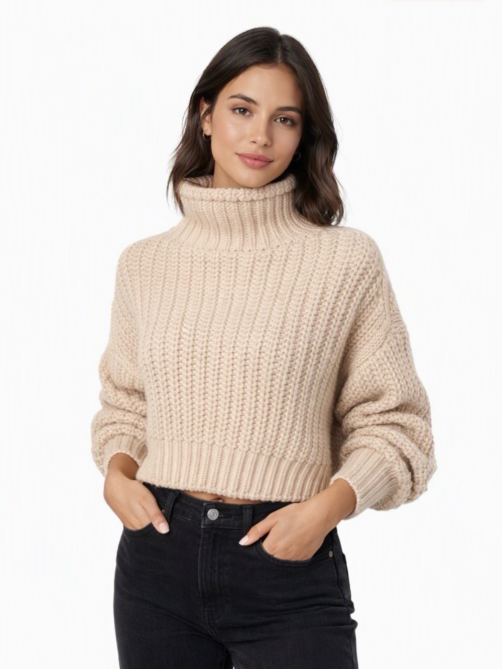 Chunky Beige Cable Knit Cropped Sweater | Mock Roll Turtleneck | Women’s M
